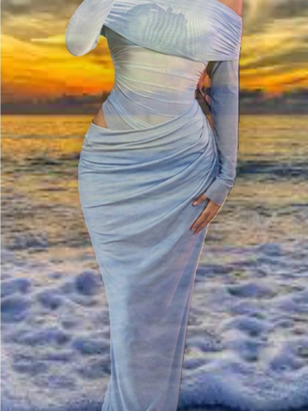 Elegant Off-Shoulder Light Blue Wrap Maxi Dress